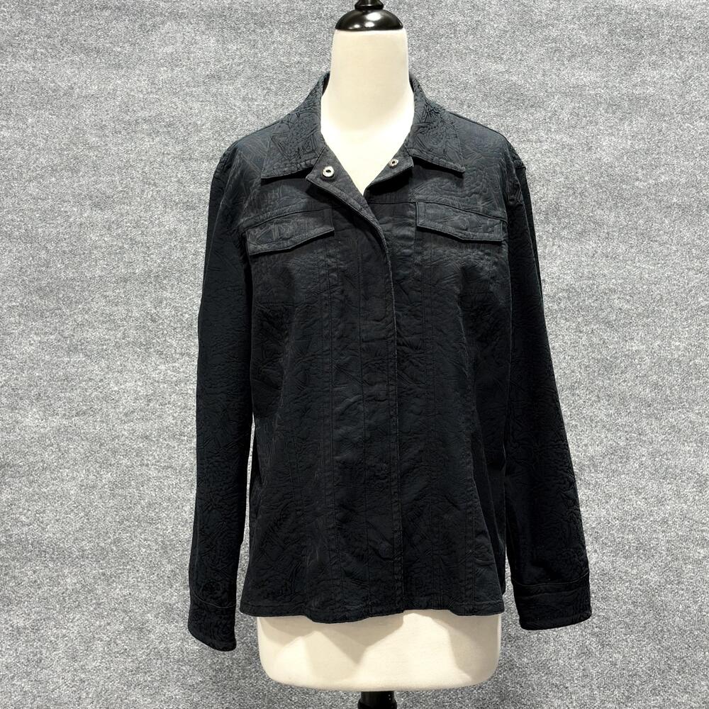 Chicos Jacket Womens Size 2 Black Textured Cotton Blend Button Front Jacquard